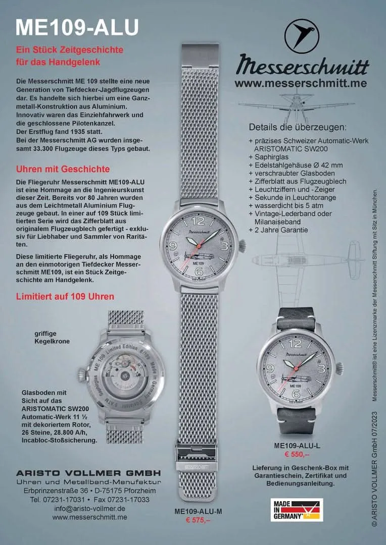 Messerschmitt ME 109 ME109-ALU-M Herrenuhr • Made in Germany • Flieger-Design
