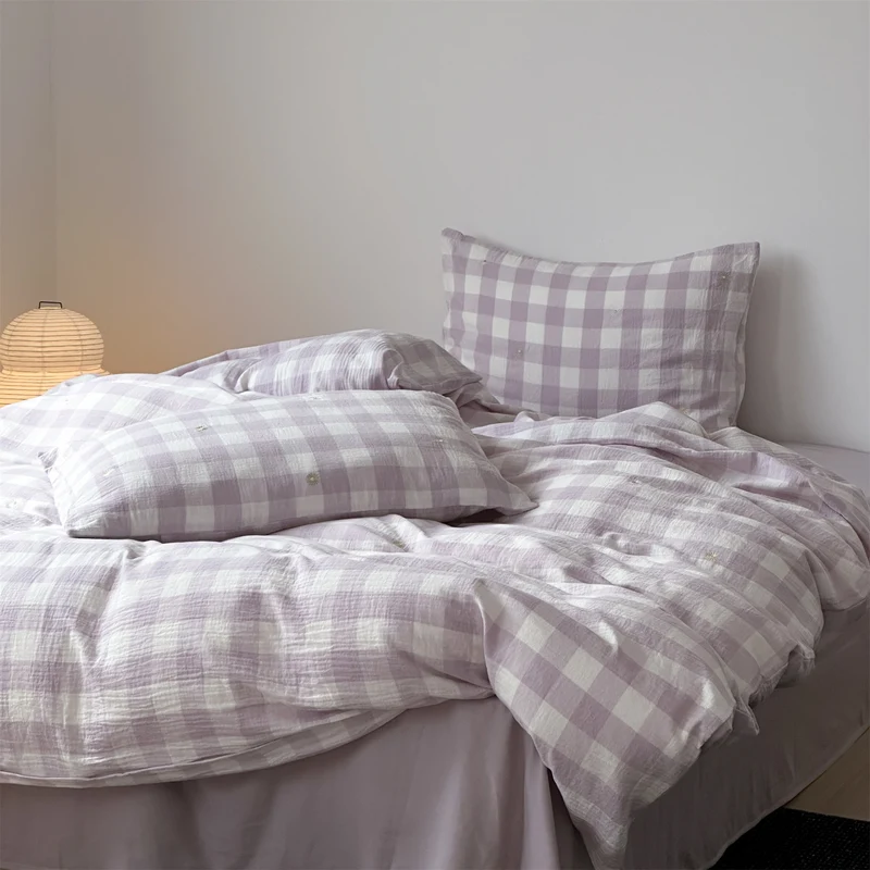 Bettbezug-Set aus leichter Baumwoll-Musselin mit kariertem Struktur- und Zierstickdesign