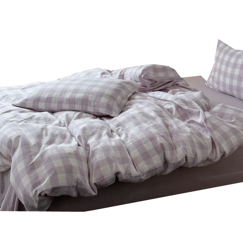 Bettbezug-Set aus leichter Baumwoll-Musselin mit kariertem Struktur- und Zierstickdesign