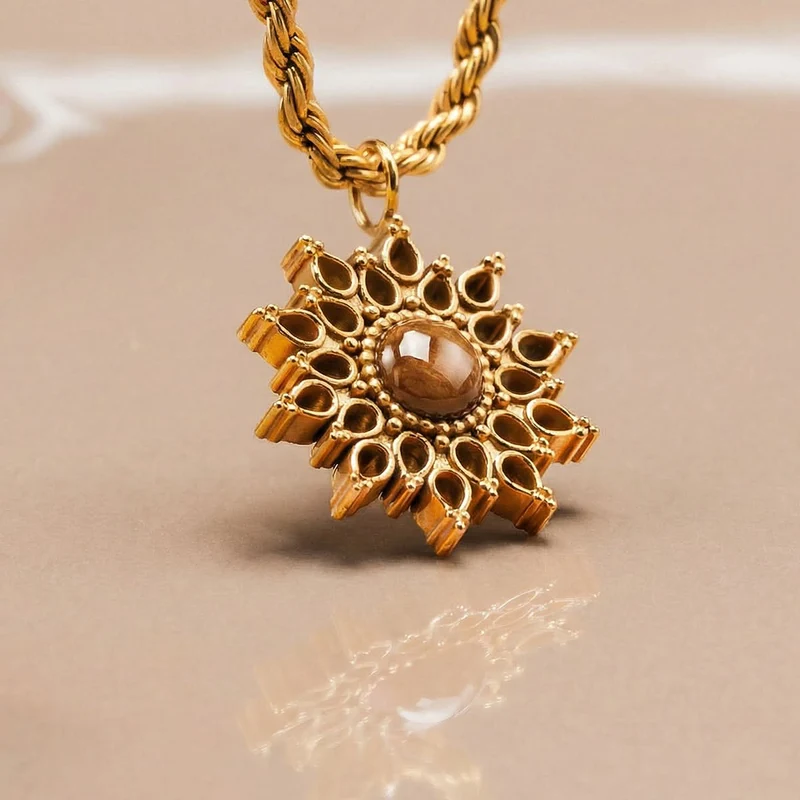 Halskette aus Edelstahl - Sonnenblume - Holzkern Modell: 9010631025281