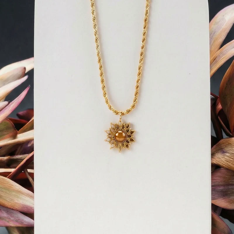 Halskette aus Edelstahl - Sonnenblume - Holzkern Modell: 9010631025281