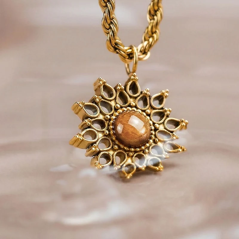 Halskette aus Edelstahl - Sonnenblume - Holzkern Modell: 9010631025281