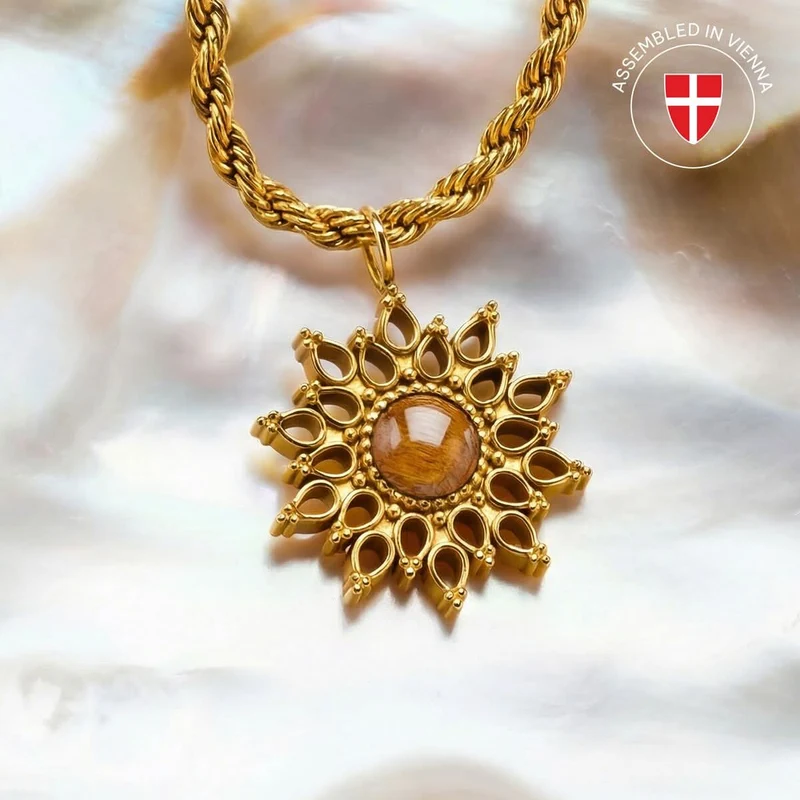 Halskette aus Edelstahl - Sonnenblume - Holzkern Modell: 9010631025281