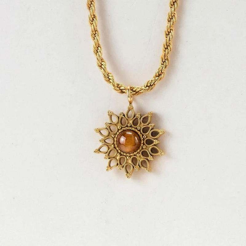 Halskette aus Edelstahl - Sonnenblume - Holzkern Modell: 9010631025281