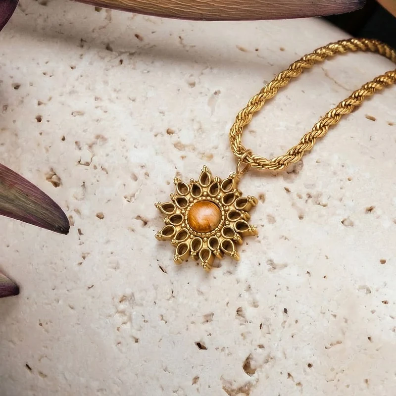 Halskette aus Edelstahl - Sonnenblume - Holzkern Modell: 9010631025281