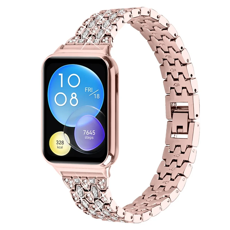 Xiaomi Smart Band 8 Pro 3 Rows Rhinestone Zinc Alloy Watch Band Women Replacement Strap - Pink Gold+Transparent