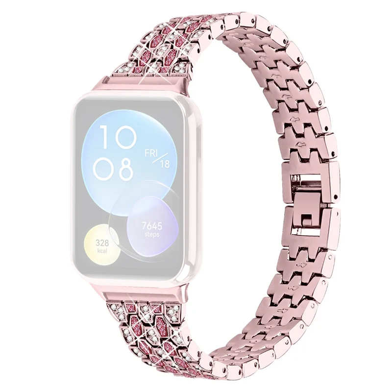 Xiaomi Smart Band 8 Pro 3 Rows Rhinestone Zinc Alloy Watch Band Women Replacement Strap - Pink Gold+Transparent