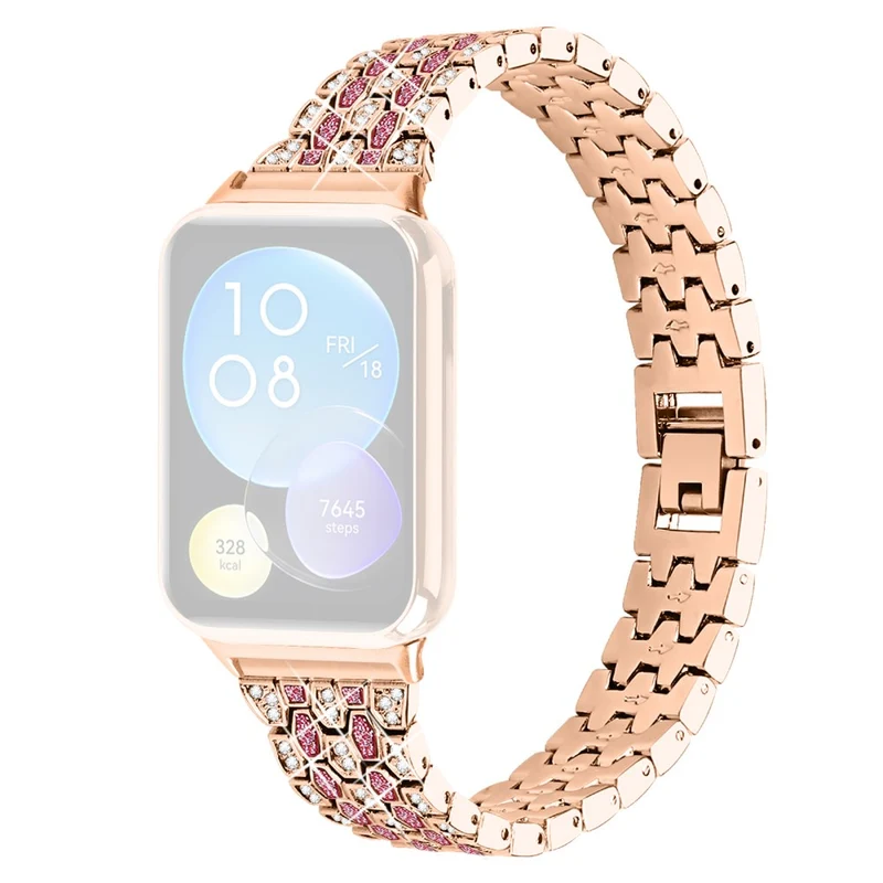 Xiaomi Smart Band 8 Pro 3 Rows Rhinestone Zinc Alloy Watch Band Women Replacement Strap - Pink Gold+Transparent