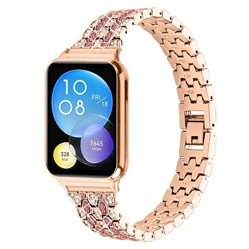 Xiaomi Smart Band 8 Pro 3 Rows Rhinestone Zinc Alloy Watch Band Women Replacement Strap - Pink Gold+Transparent