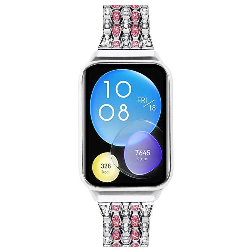 Xiaomi Smart Band 8 Pro 3 Rows Rhinestone Zinc Alloy Watch Band Women Replacement Strap - Pink Gold+Transparent