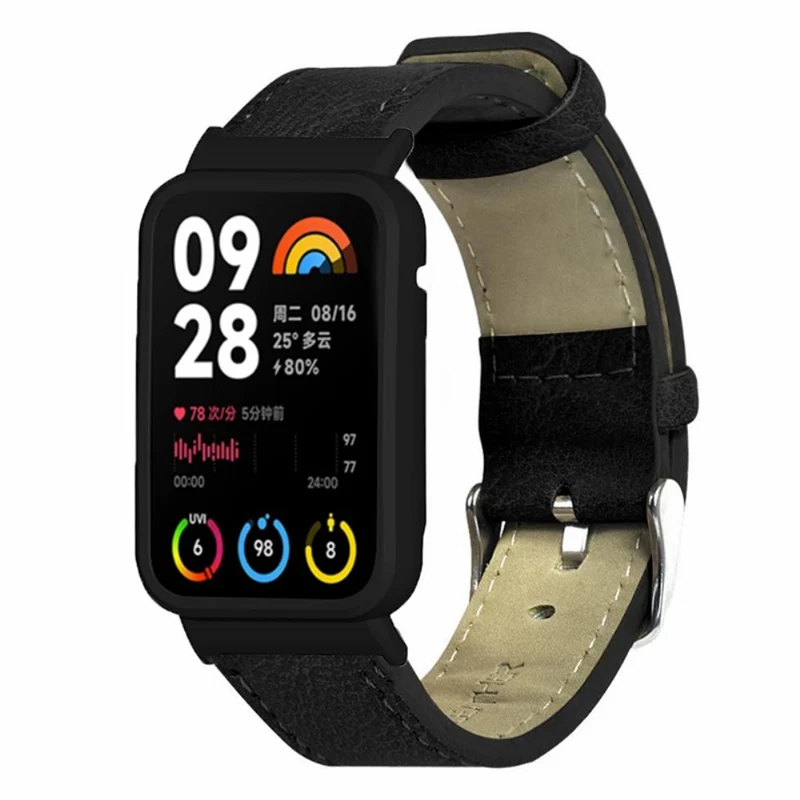 Xiaomi Smart Band 8 Pro Leather Watch Bands Replacement Strap with Black Watch Case