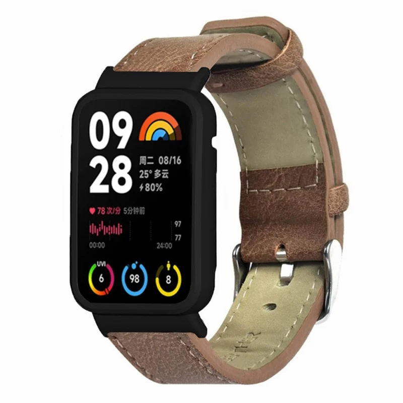 Xiaomi Smart Band 8 Pro Leather Watch Bands Replacement Strap with Black Watch Case