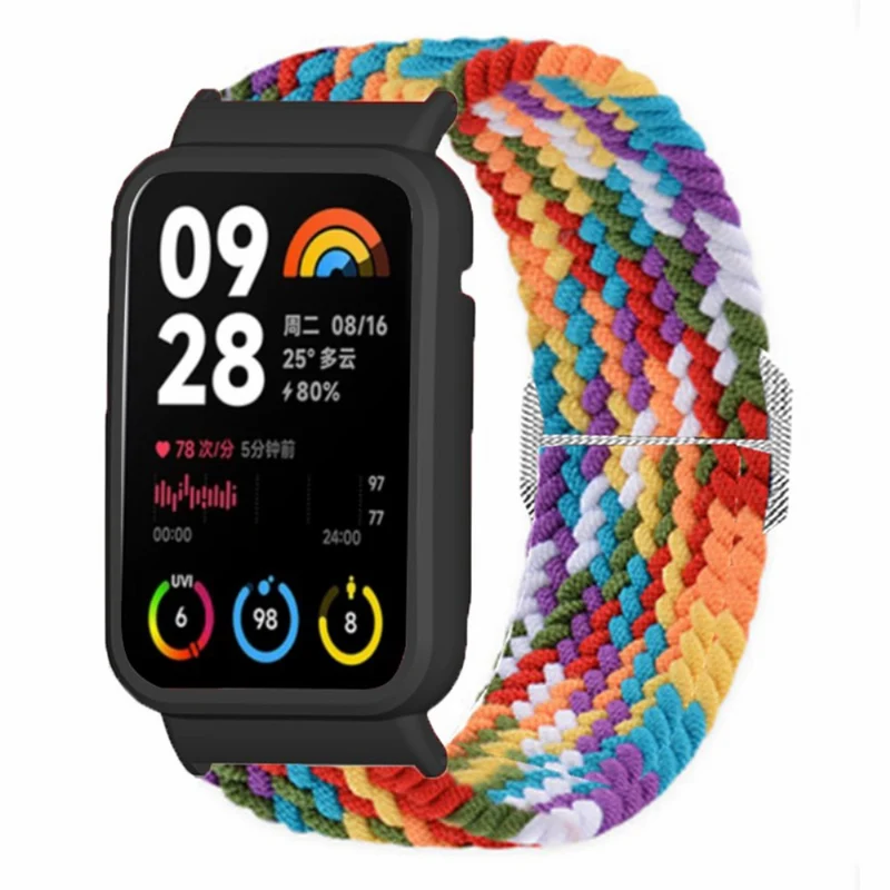 Xiaomi Smart Band 8 Pro Watch Bands Braided Nylon Strap with Watch Case - Rainbow+Black Shell