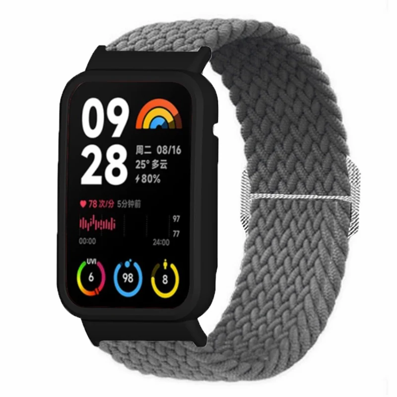 Xiaomi Smart Band 8 Pro Watch Bands Braided Nylon Strap with Watch Case - Rainbow+Black Shell