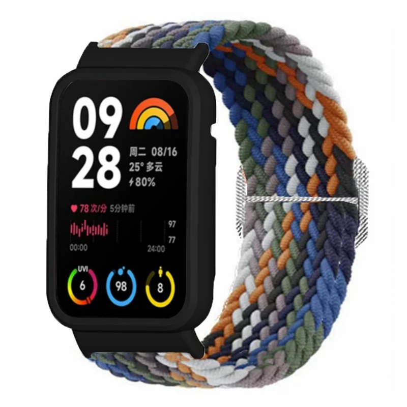 Xiaomi Smart Band 8 Pro Watch Bands Braided Nylon Strap with Watch Case - Rainbow+Black Shell