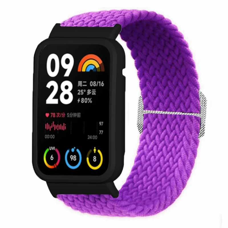 Xiaomi Smart Band 8 Pro Watch Bands Braided Nylon Strap with Watch Case - Rainbow+Black Shell