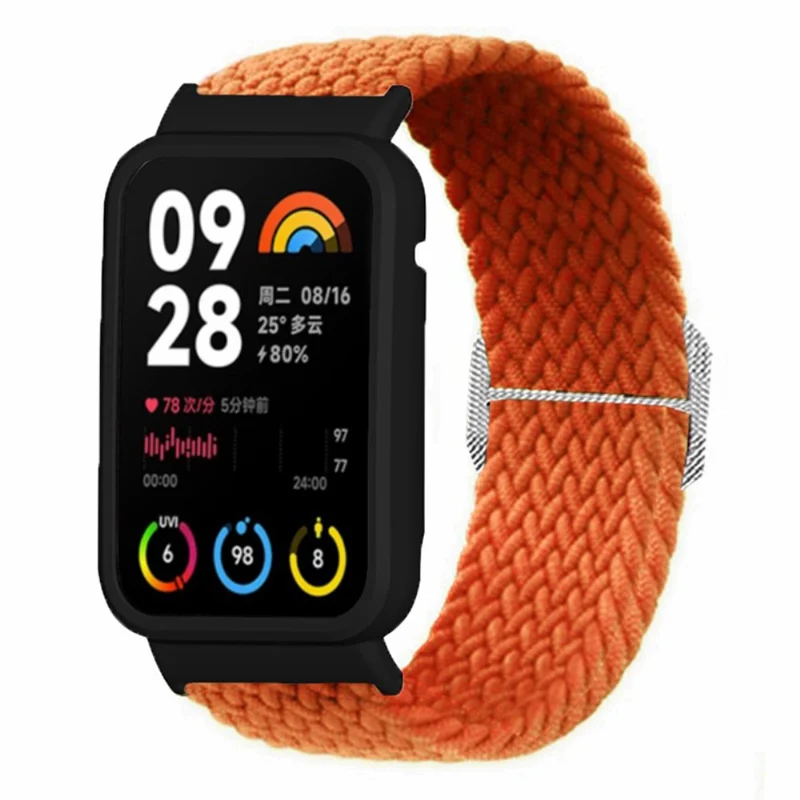 Xiaomi Smart Band 8 Pro Watch Bands Braided Nylon Strap with Watch Case - Rainbow+Black Shell