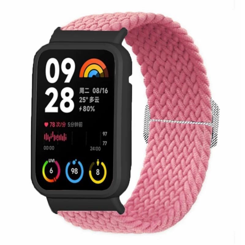 Xiaomi Smart Band 8 Pro Watch Bands Braided Nylon Strap with Watch Case - Rainbow+Black Shell
