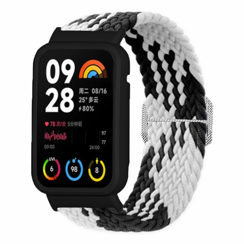 Xiaomi Smart Band 8 Pro Watch Bands Braided Nylon Strap with Watch Case - Rainbow+Black Shell