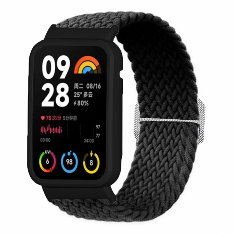 Xiaomi Smart Band 8 Pro Watch Bands Braided Nylon Strap with Watch Case - Rainbow+Black Shell