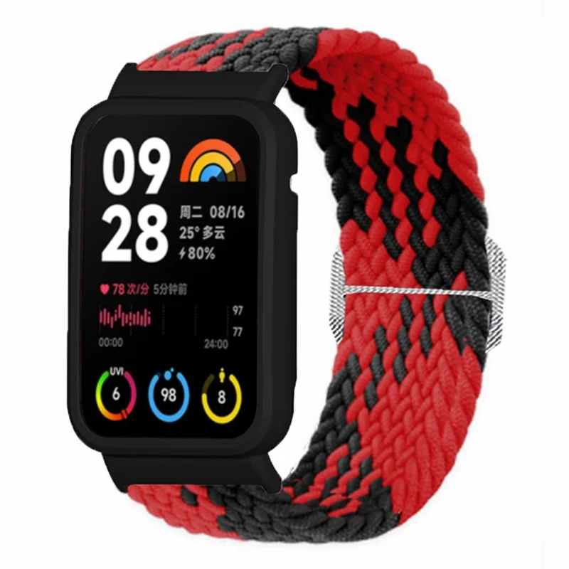 Xiaomi Smart Band 8 Pro Watch Bands Braided Nylon Strap with Watch Case - Rainbow+Black Shell