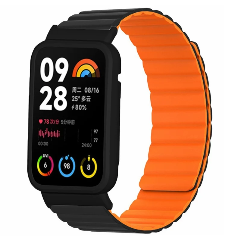 Xiaomi Smart Band 8 Pro Silicone Watch Band Magnetic Strap with Black Watch Case - Black+Orange