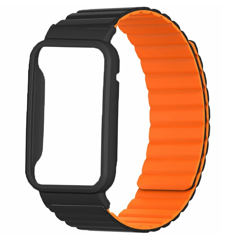 Xiaomi Smart Band 8 Pro Silicone Watch Band Magnetic Strap with Black Watch Case - Black+Orange