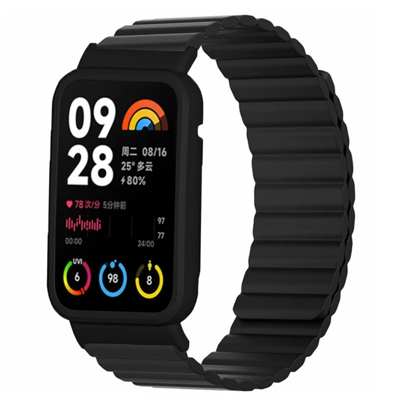 Xiaomi Smart Band 8 Pro Silicone Watch Band Magnetic Strap with Black Watch Case - Black+Orange