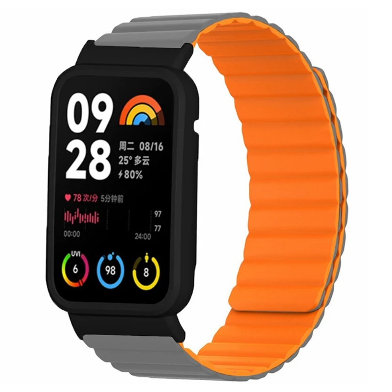 Xiaomi Smart Band 8 Pro Silicone Watch Band Magnetic Strap with Black Watch Case - Black+Orange