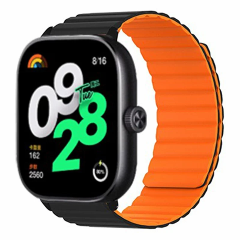 Xiaomi Redmi Watch 4 Magnetic Silicone Watch Band Strap with Alloy Connector - Black+Orange