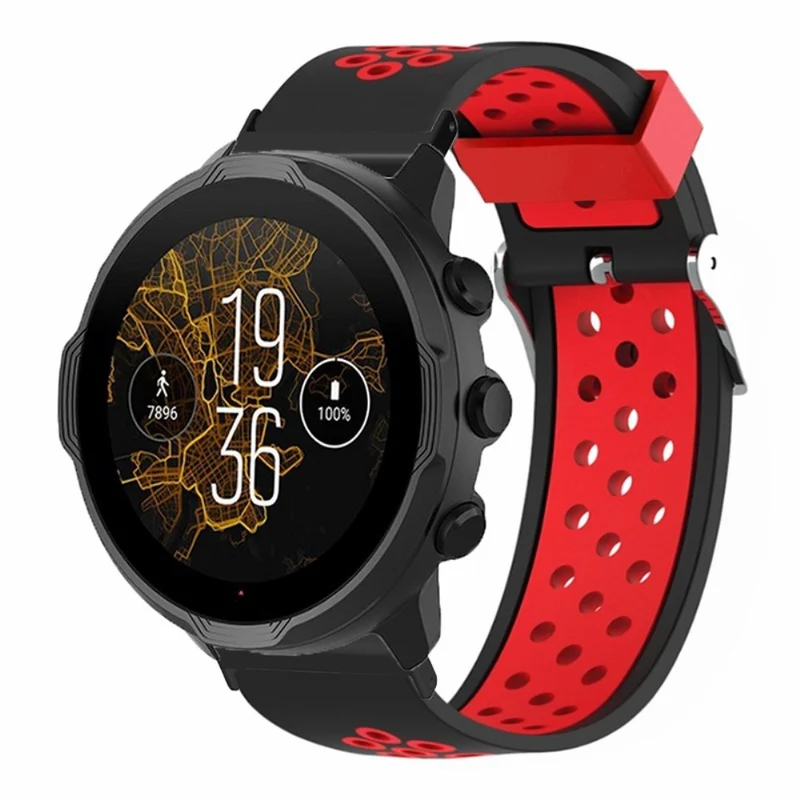 Suunto Spartan Sport Wrist HR Baro / Suunto 7 Watch Band 24mm Flexible Strap Replacement with Breathable Holes - Black+Red