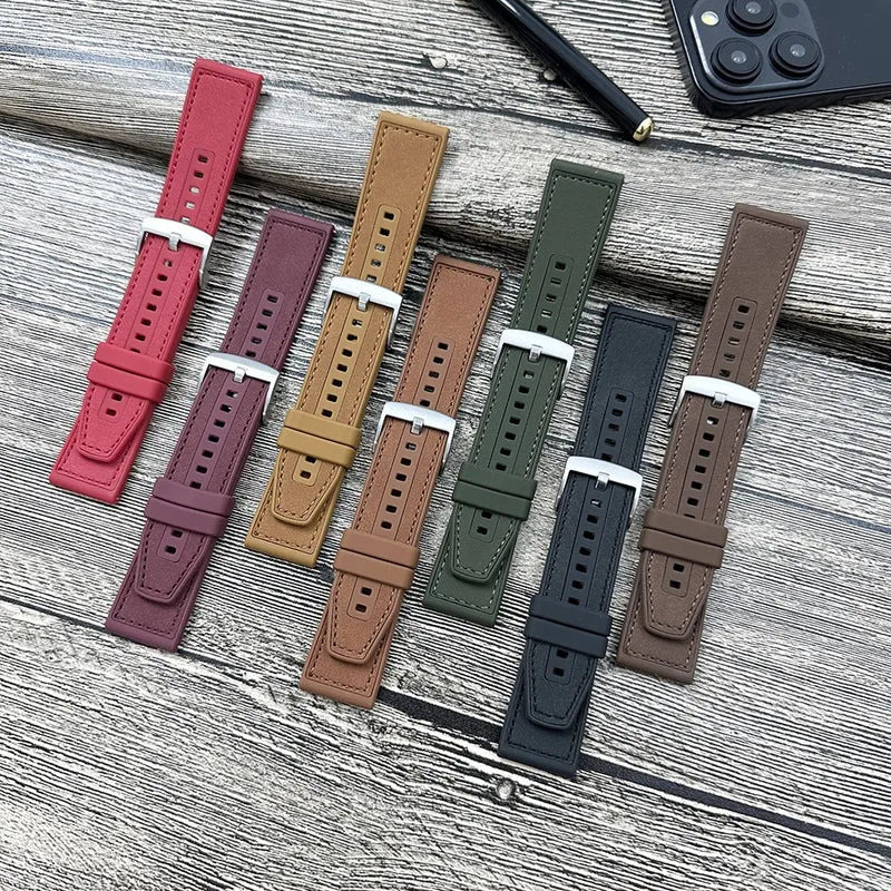 22mm Universal Watch Band Leather Coated Silicone Replacement Strap with Square Buckle - Tan