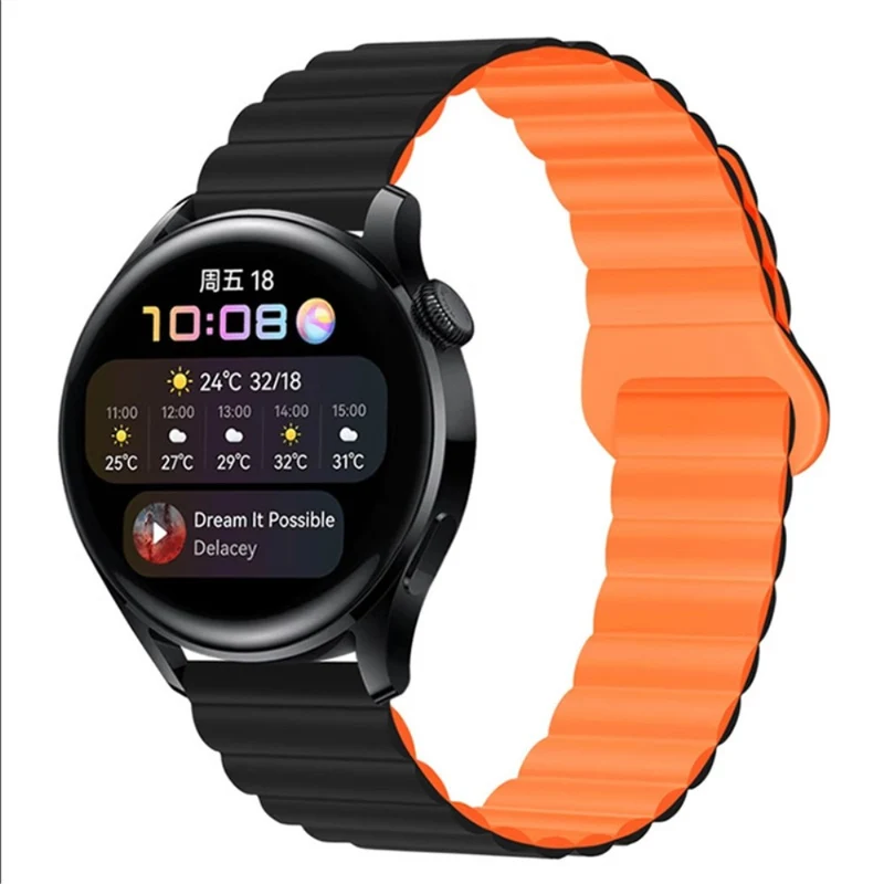 20mm Magnetic Sport Loop Watch Band Silicone Dual Color Replacement Strap - Black+Orange