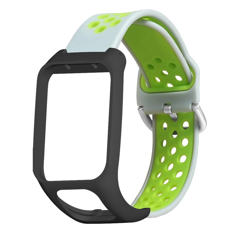 TomTom Runner 3 / 2 / Adventurer Flexible Watch Strap Dual Color Breathable Holes Wristband with Case - Grey+Green