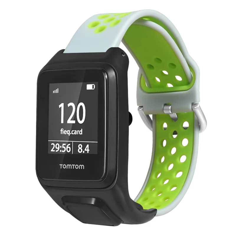 TomTom Runner 3 / 2 / Adventurer Flexible Watch Strap Dual Color Breathable Holes Wristband with Case - Grey+Green