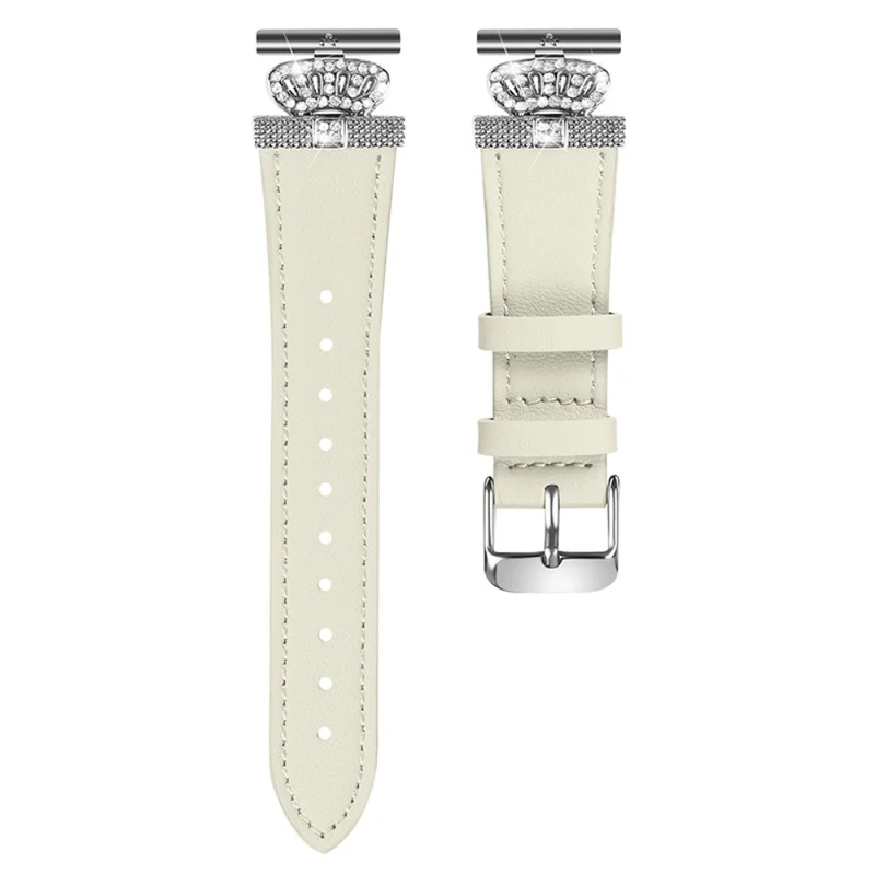 TicWatch E / 2 / C2 Watchband Genuine Cow Leather Connector Strap Rhinestone Crown Decor - Apricot