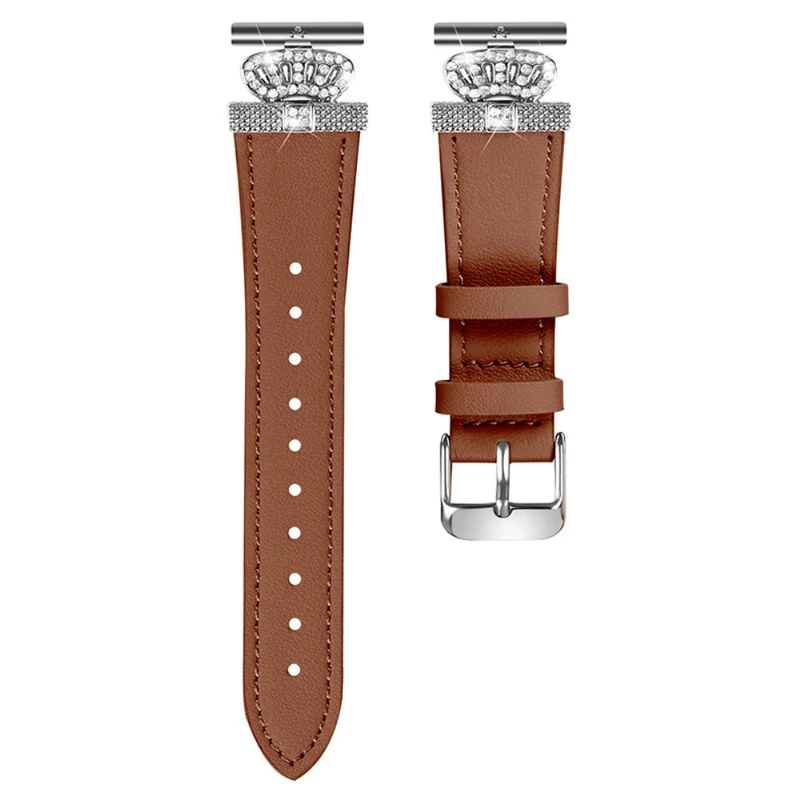 TicWatch E / 2 / C2 Watchband Genuine Cow Leather Connector Strap Rhinestone Crown Decor - Apricot