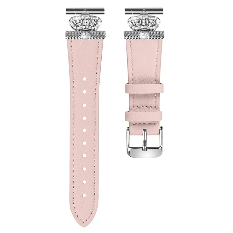 TicWatch E / 2 / C2 Watchband Genuine Cow Leather Connector Strap Rhinestone Crown Decor - Apricot