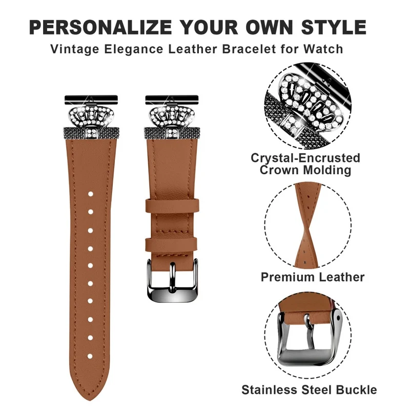 TicWatch E / 2 / C2 Watchband Genuine Cow Leather Strap Rhinestone Crown Decor