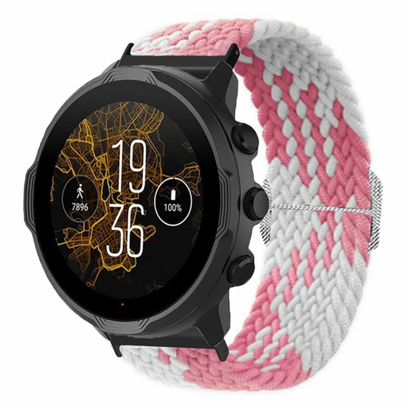 Suunto Spartan Sport Wrist HR Baro / Suunto 7 Watch Strap 24mm Braided Nylon Band - Pink+White