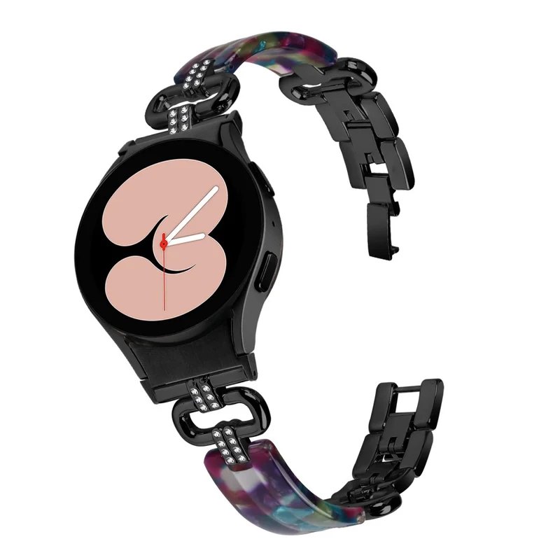 Samsung Galaxy Watch6 20mm Resin and Stainless Steel Strap Replacement Band - Black / Purple+Green Pattern