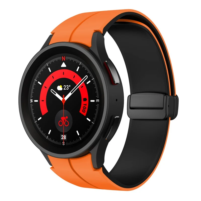 Samsung Galaxy Watch 5 Pro 45mm Magnetic Buckle Wrist Band Bi-color Silicone Strap - Orange + Black