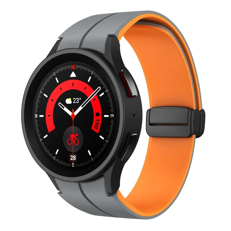Samsung Galaxy Watch 5 Pro 45mm Magnetic Buckle Wrist Band Bi-color Silicone Strap - Orange + Black