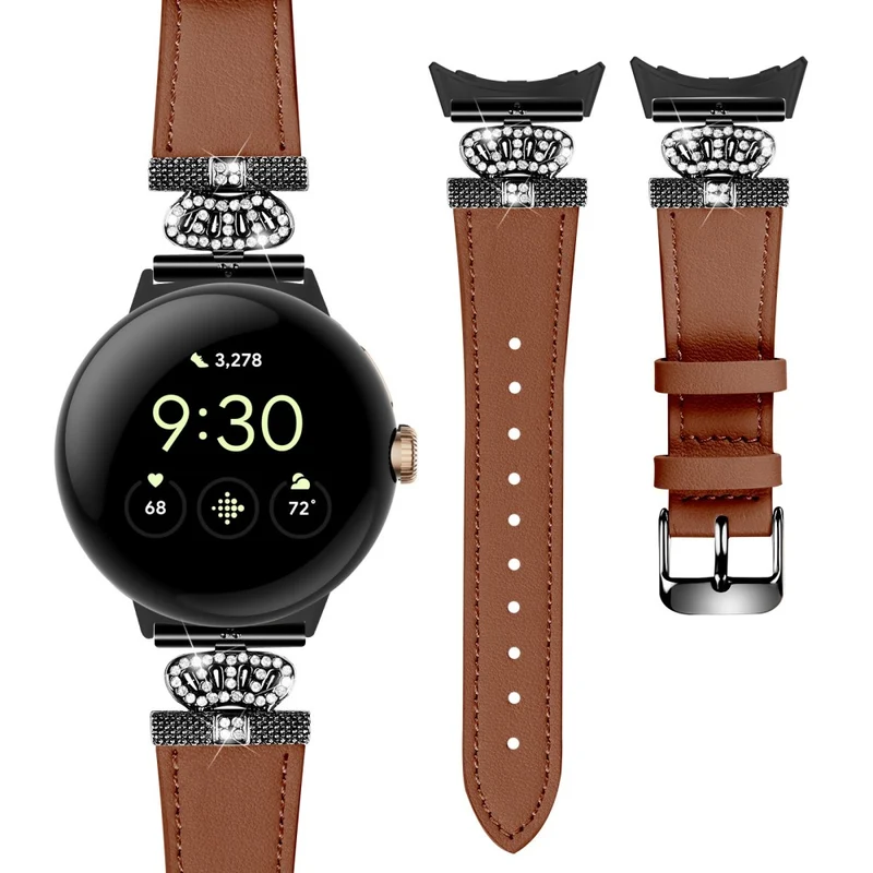 Google Pixel Watch Crown Rhinestone Decor Genuine Cow Leather Wrist Band Strap