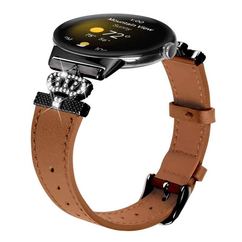 Google Pixel Watch Crown Rhinestone Decor Genuine Cow Leather Wrist Band Strap