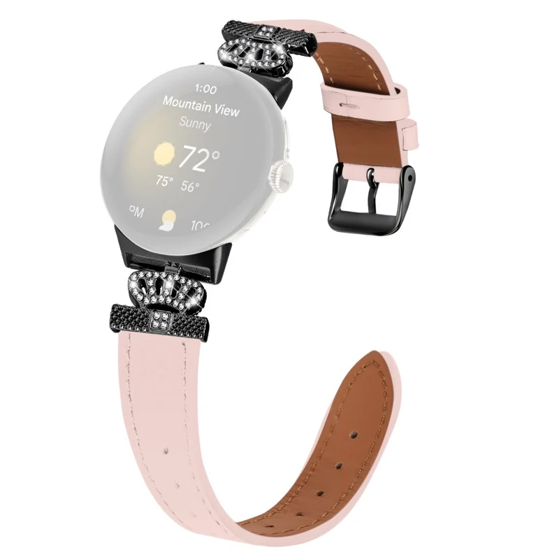 Google Pixel Watch Crown Rhinestone Decor Genuine Cow Leather Wrist Band Strap