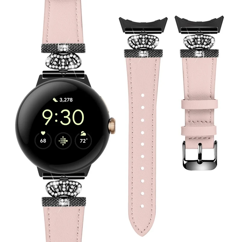 Google Pixel Watch Crown Rhinestone Decor Genuine Cow Leather Wrist Band Strap