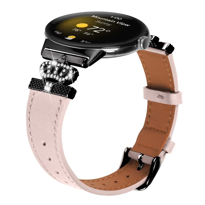 Google Pixel Watch Crown Rhinestone Decor Genuine Cow Leather Wrist Band Strap