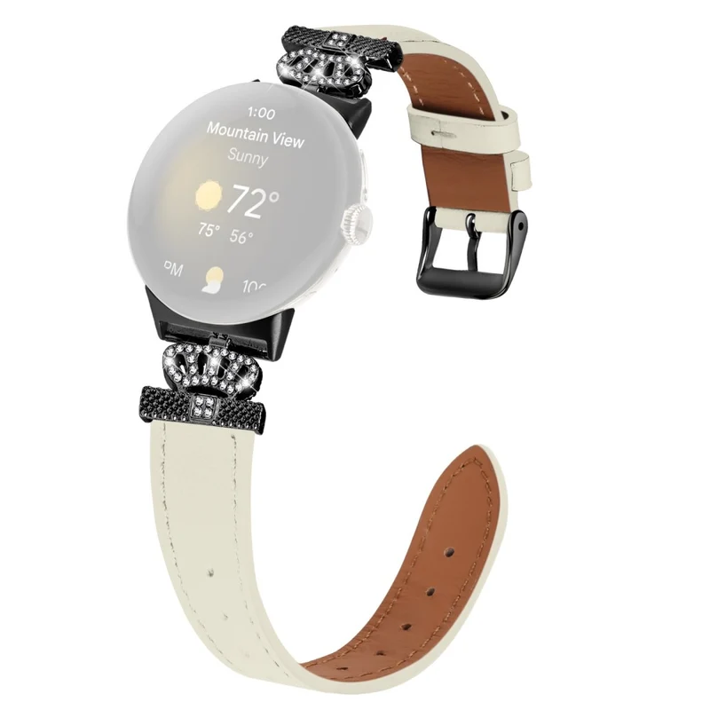 Google Pixel Watch Crown Rhinestone Decor Genuine Cow Leather Wrist Band Strap