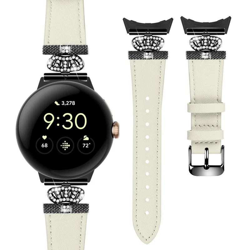 Google Pixel Watch Crown Rhinestone Decor Genuine Cow Leather Wrist Band Strap